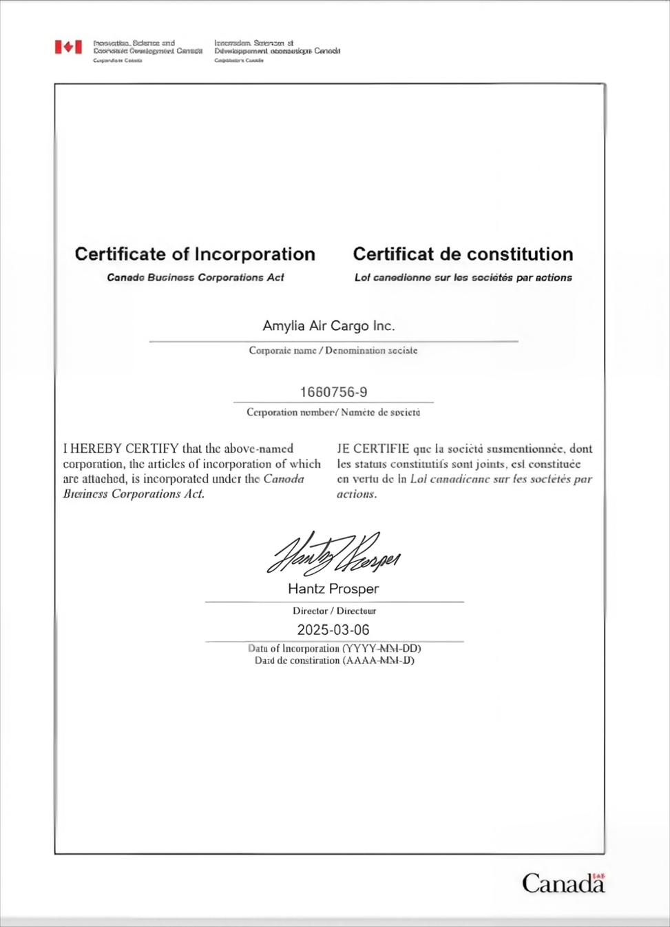 Amylia Air Cargo certificate of incorporation